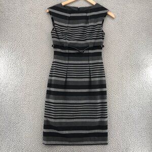 Calvin Klein Dress Womens 2 Gray Striped Knee Sheath Belted Pleated Sleeveless*